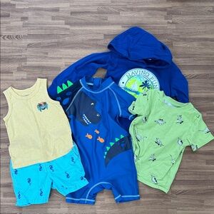 Toddler Outfits - Kids Dinosaur Swim - Blue and Green - Yellow Tank and Shorts